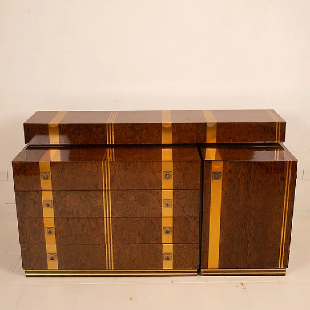 Cassettiera Poggioli in radica e ottone, anni '70 15