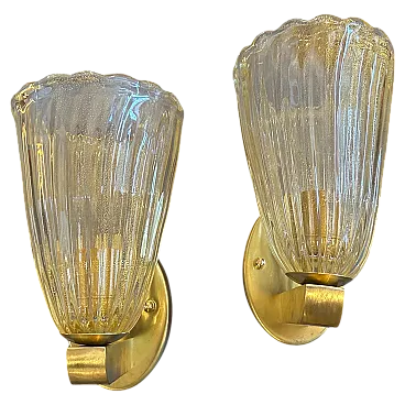 Pair of Murano glass and brass wall lamps in Barovier style, 1990s