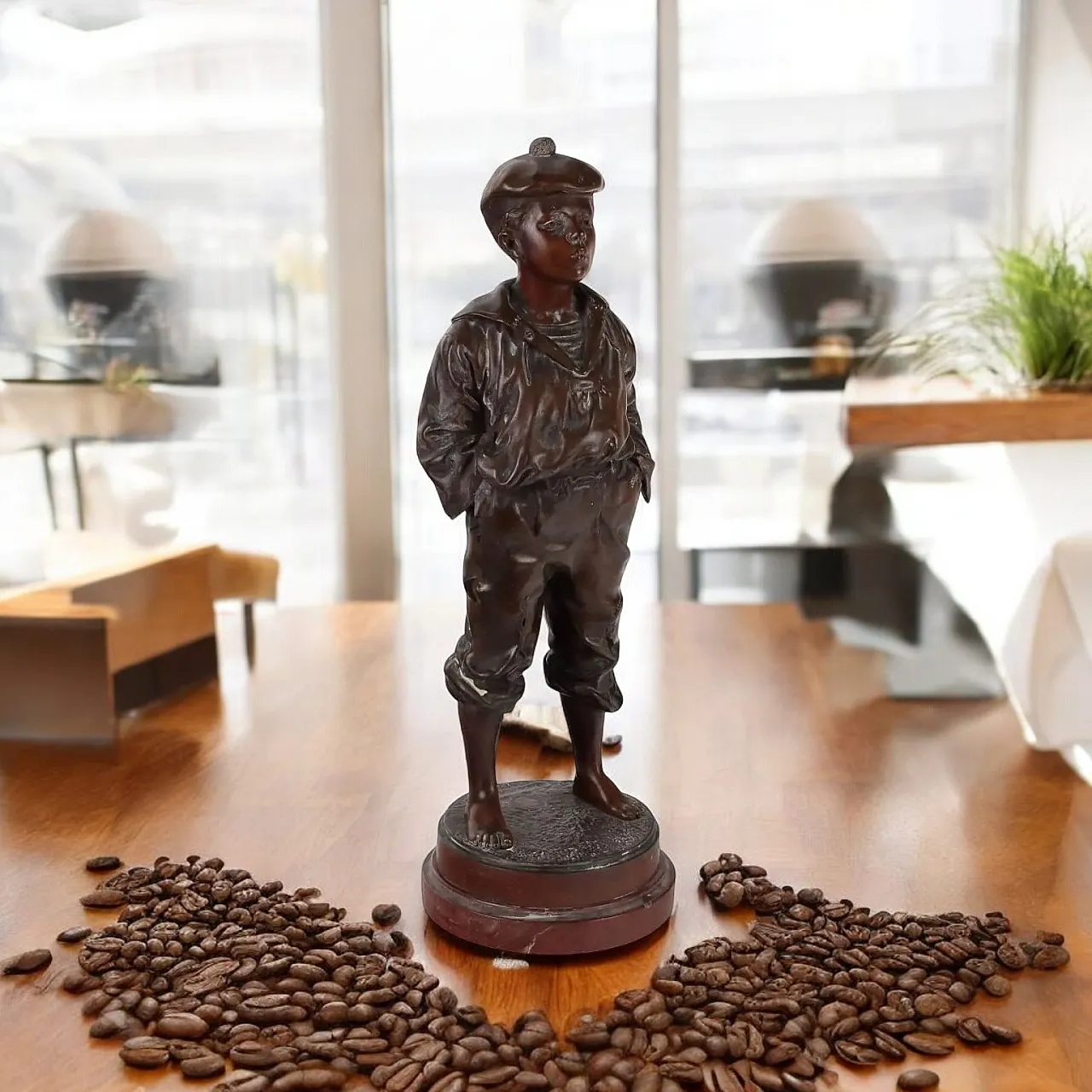 Whistling boy, bronze sculpture on marble base 2