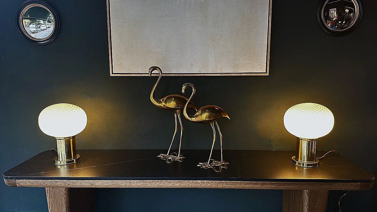 Coppia di lampade in ottone e vetro di Murano, anni '80 18