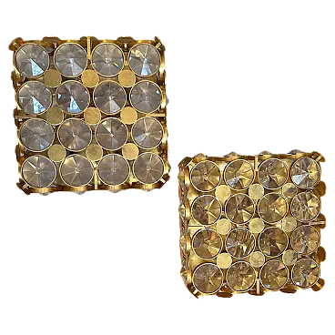 Pair of square appliques in brass and glass, mid-20th century