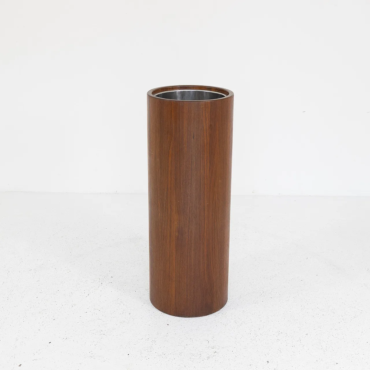 Fioriera cilindrica in teak con interno in acciaio inox, anni '80 1