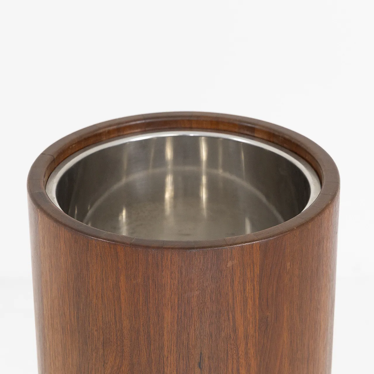 Fioriera cilindrica in teak con interno in acciaio inox, anni '80 2