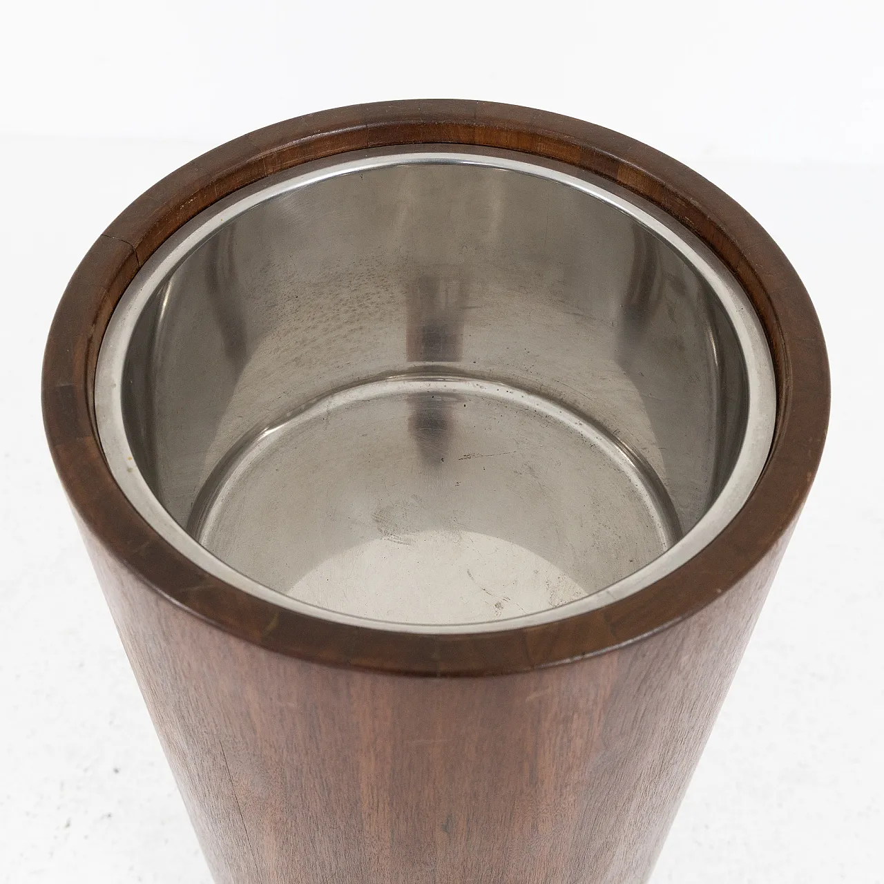 Fioriera cilindrica in teak con interno in acciaio inox, anni '80 4