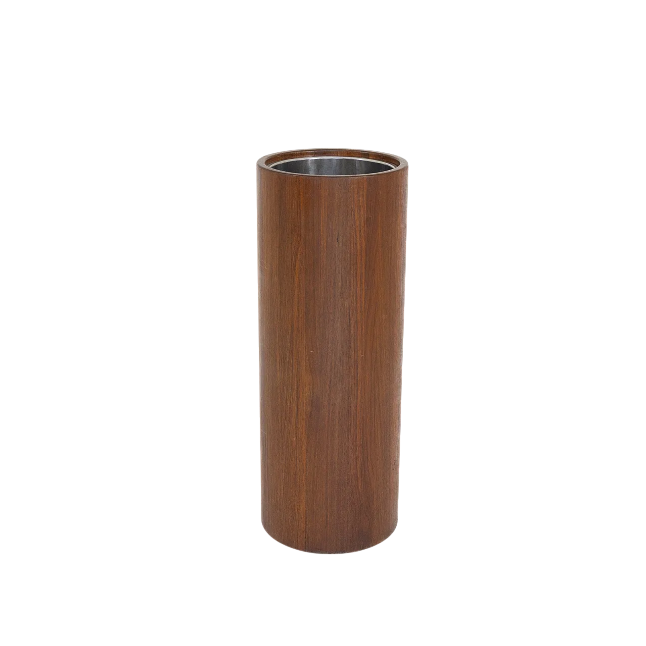 Fioriera cilindrica in teak con interno in acciaio inox, anni '80 8