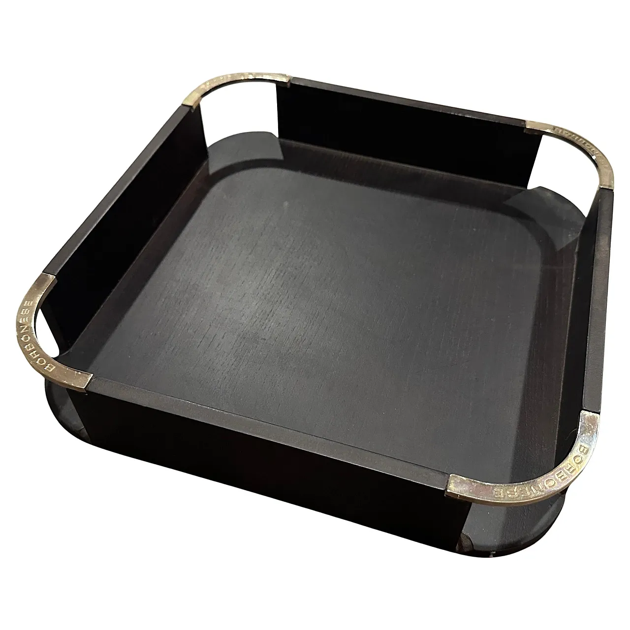 Black wood and silver plate square gallery tray by Borbonese, 1980s 1