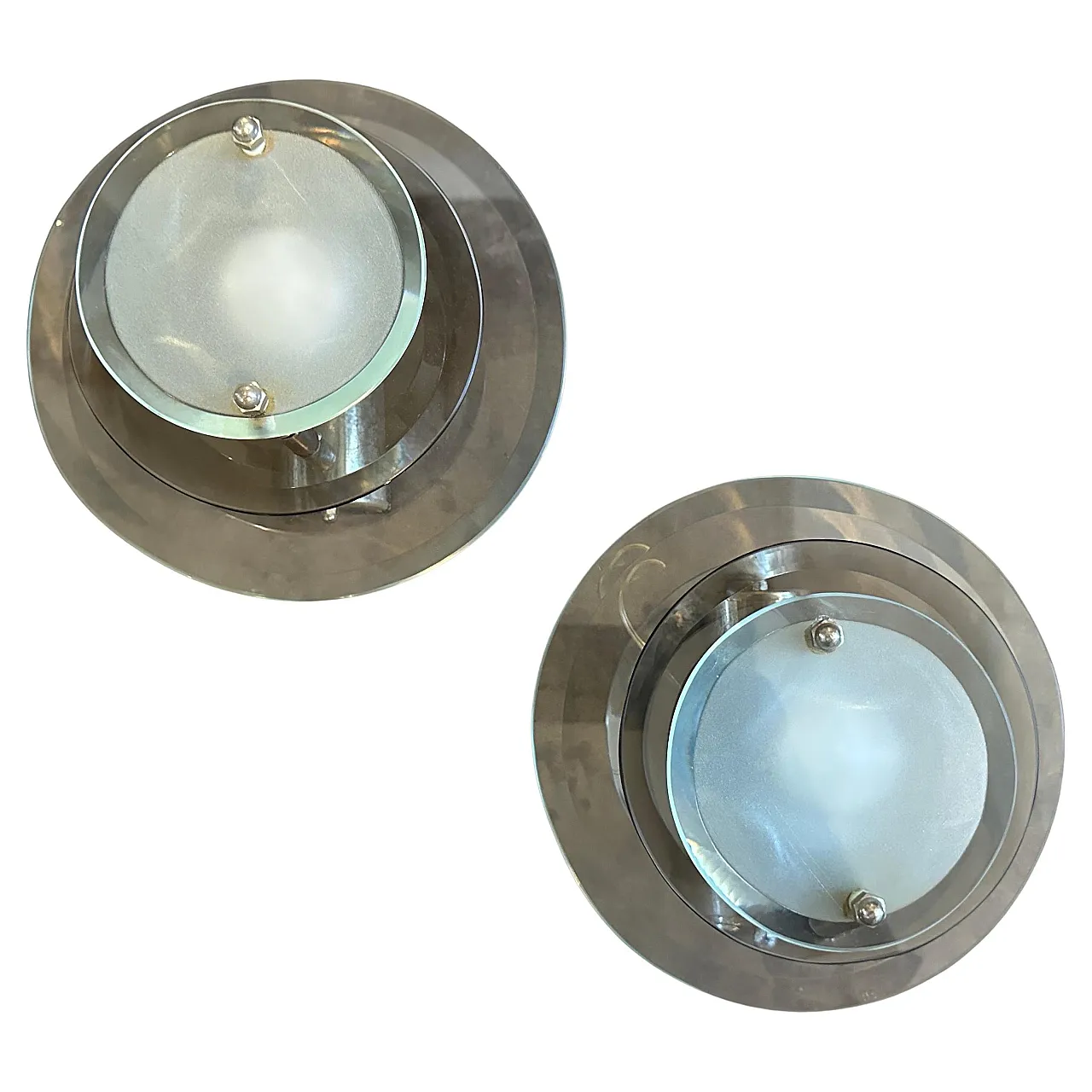 Coppia di applique in vetro e metallo cromato di Veca, anni '60 3