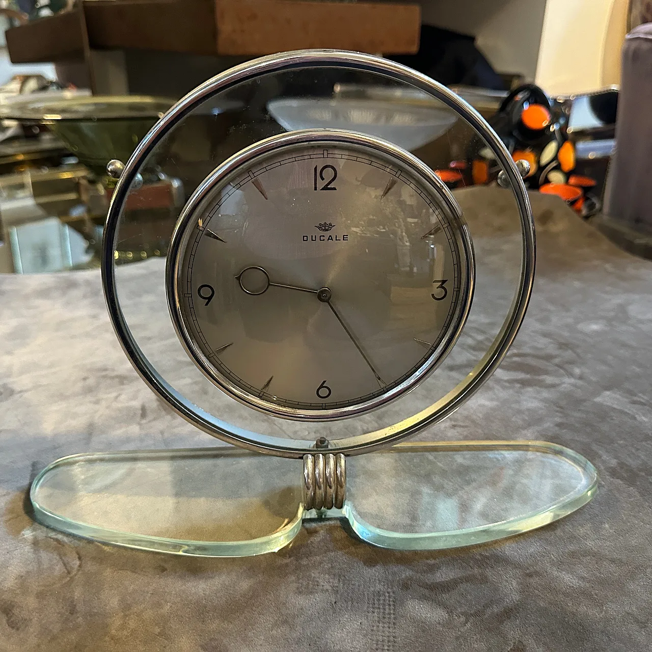 Glass and chromed metal table clock by Ducale, 1950s 2