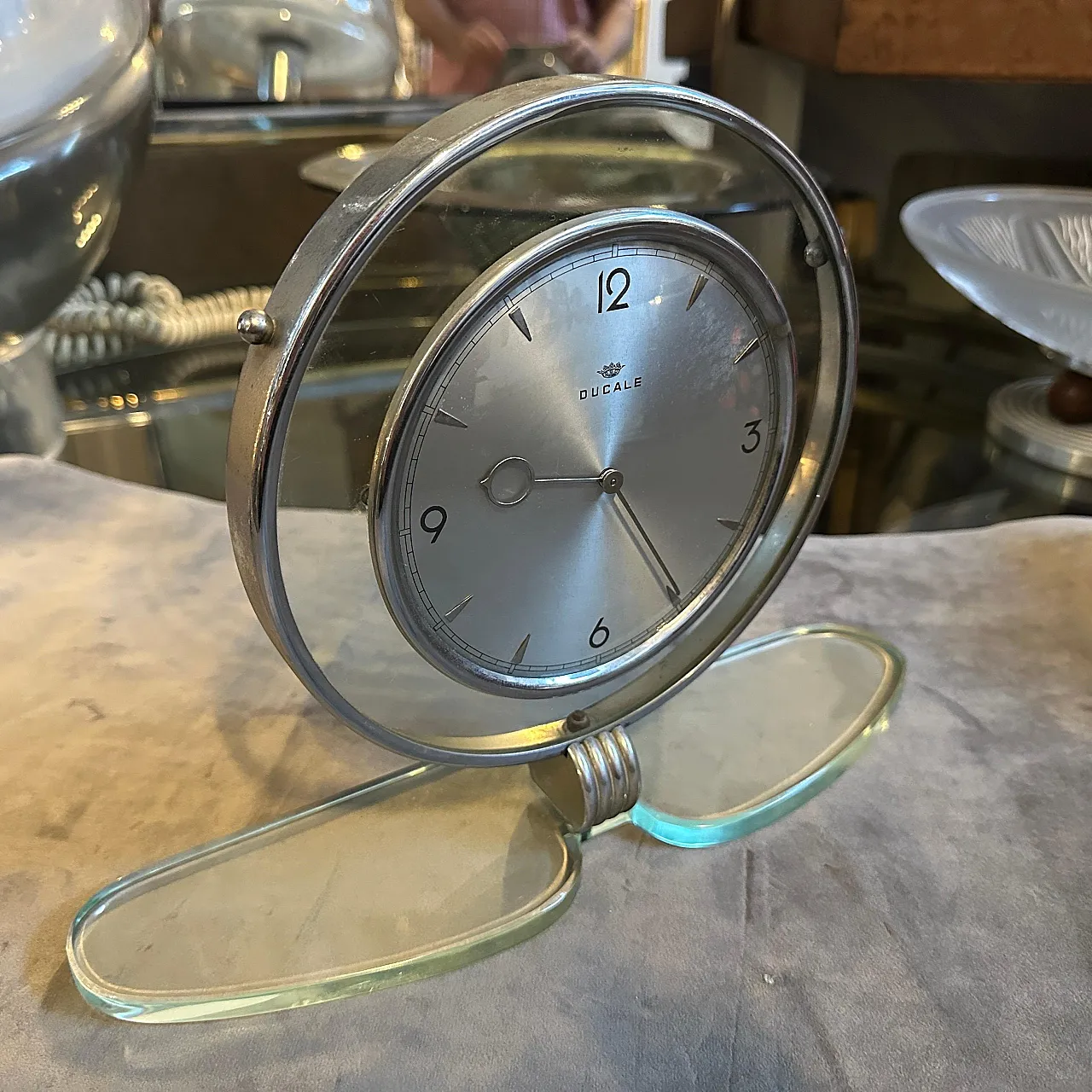 Glass and chromed metal table clock by Ducale, 1950s 3
