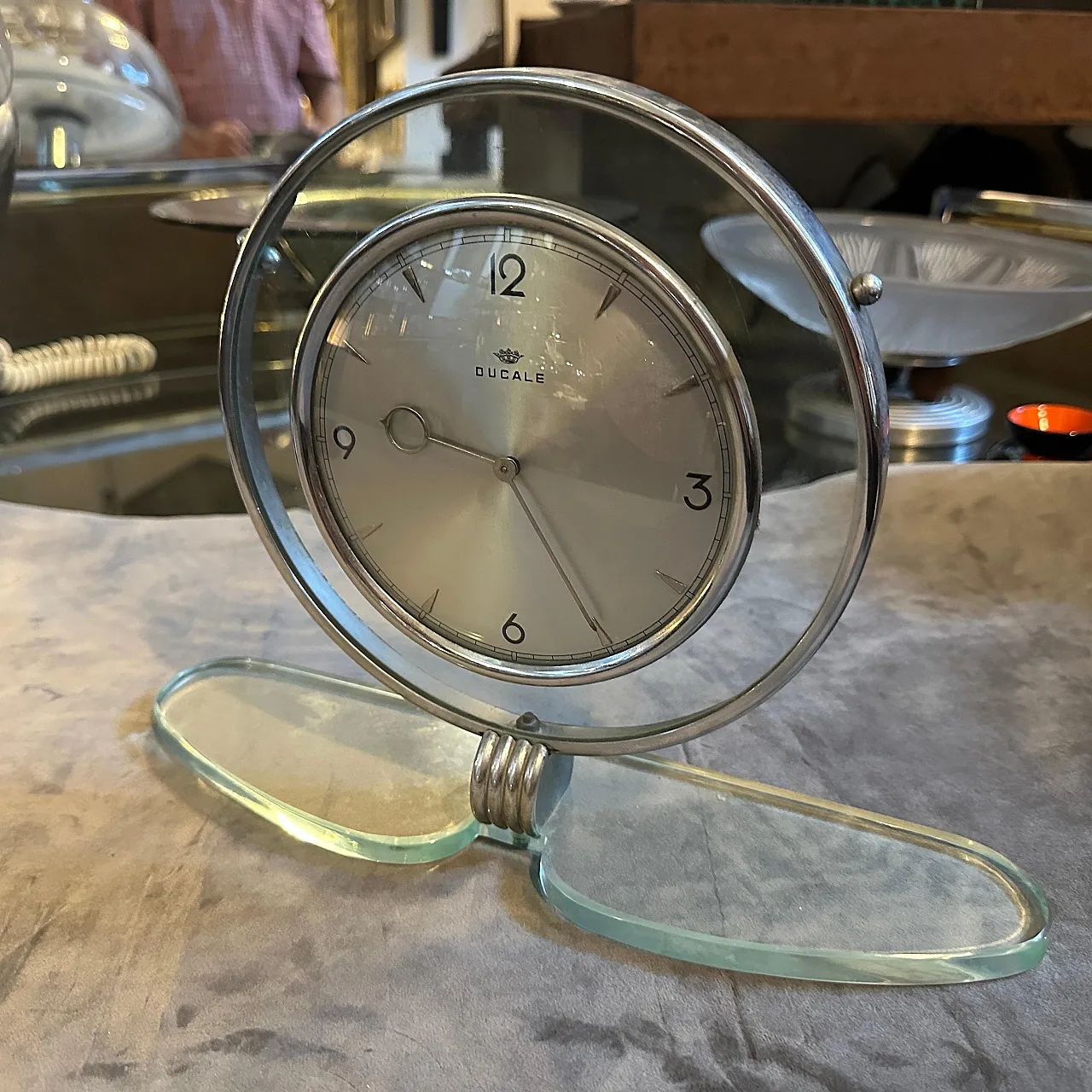 Glass and chromed metal table clock by Ducale, 1950s 5