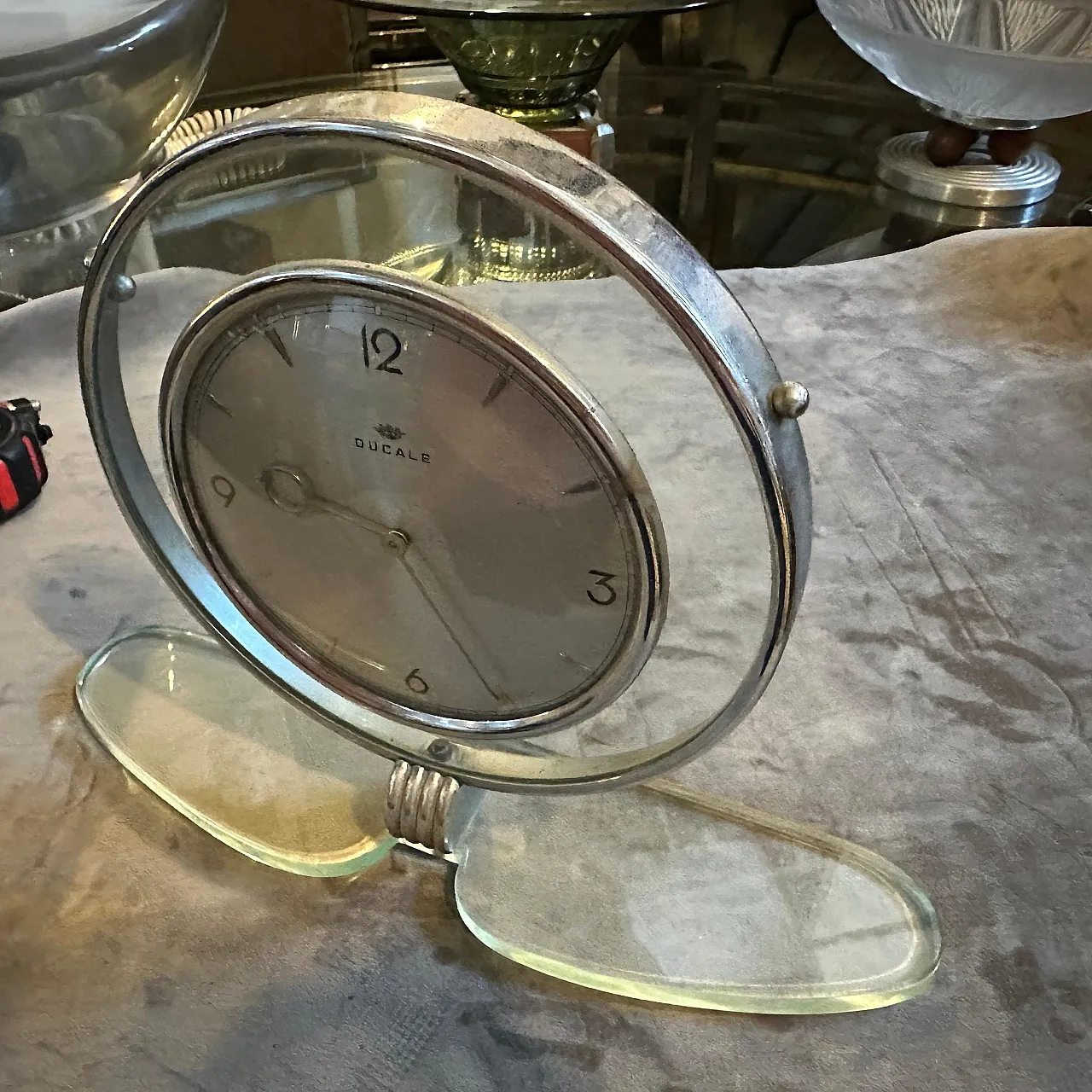 Glass and chromed metal table clock by Ducale, 1950s 9