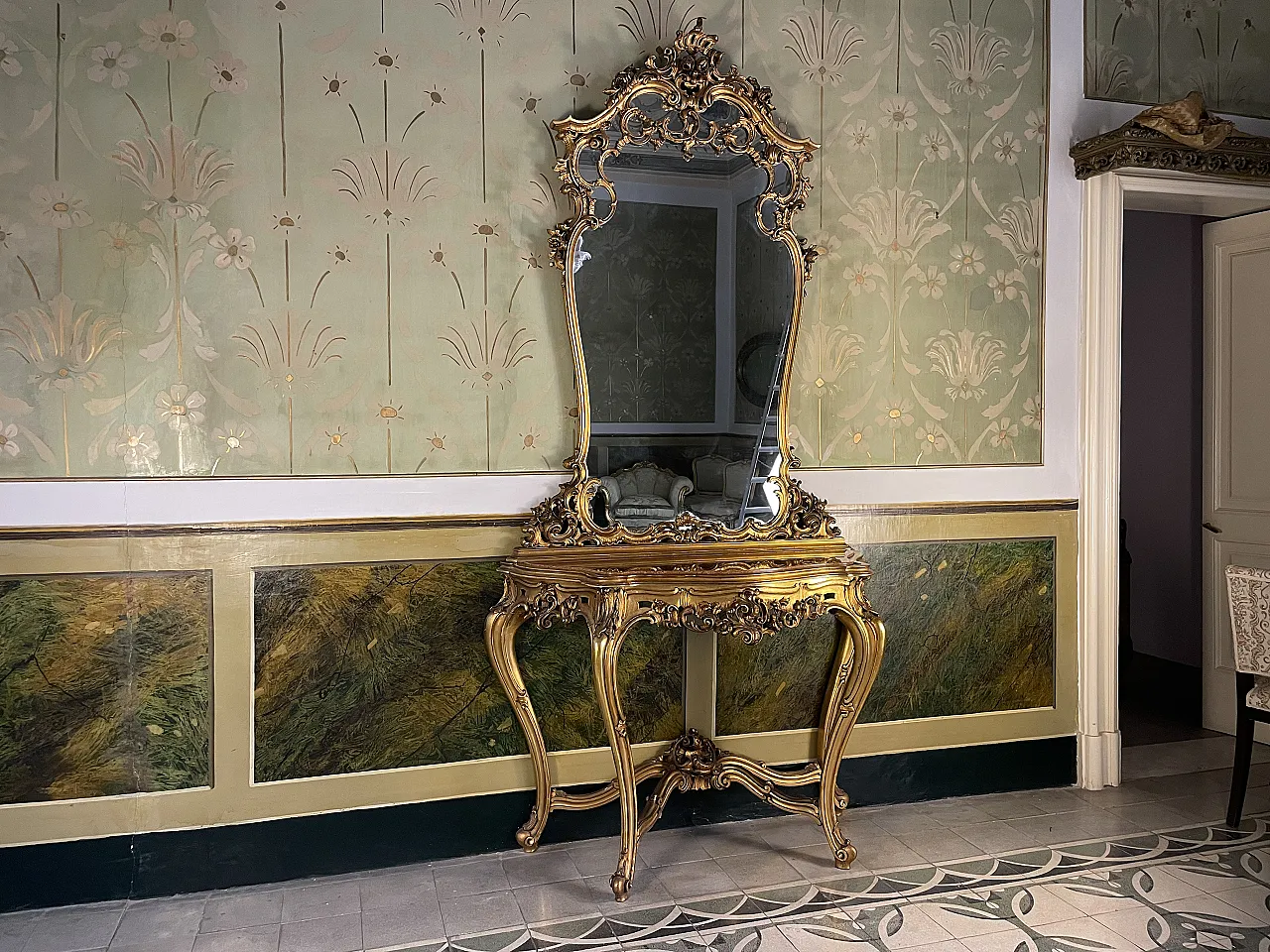 Louis XV style gilded wood console table and mirror, 19th century 1