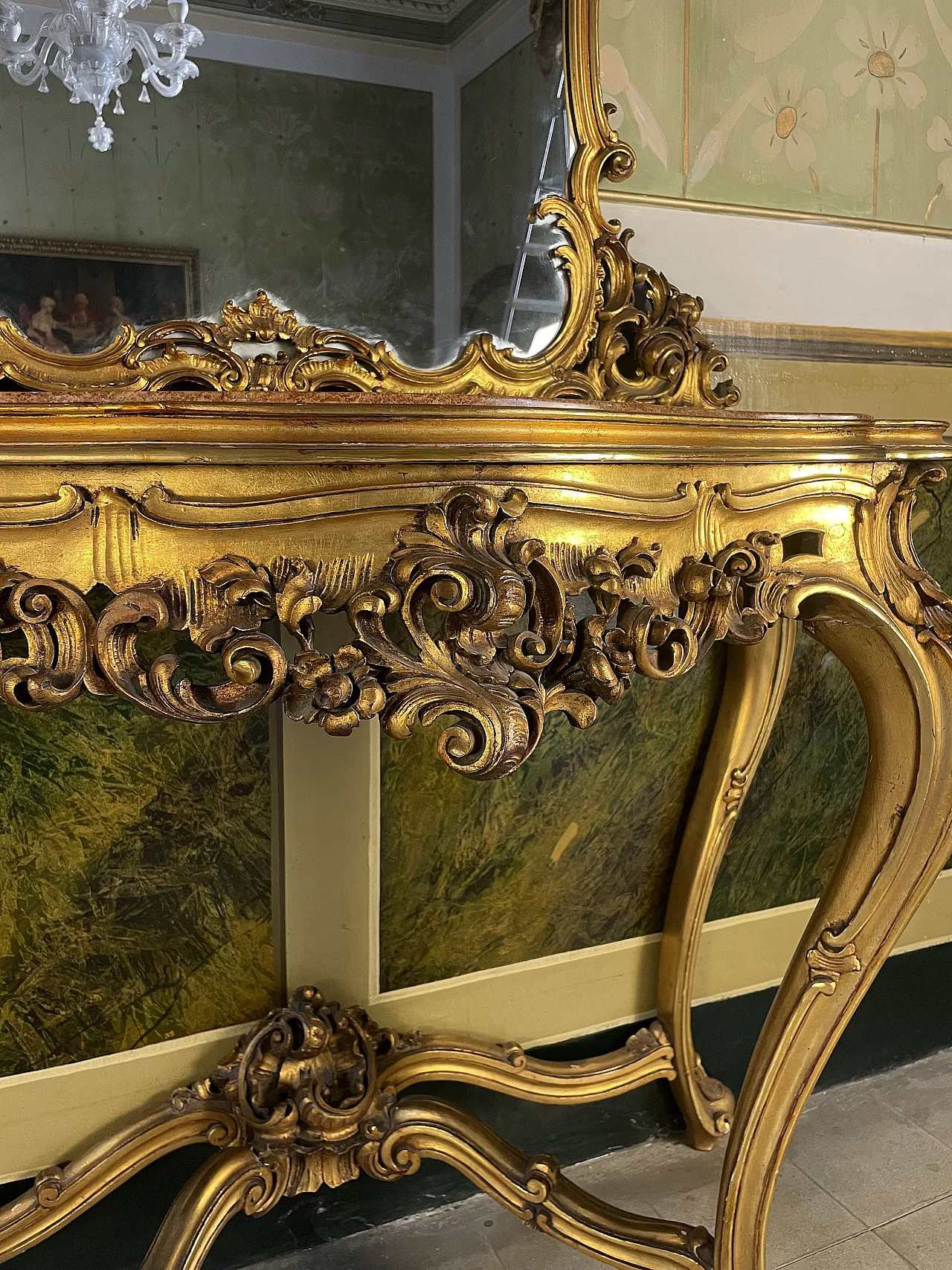 Louis XV style gilded wood console table and mirror, 19th century 2