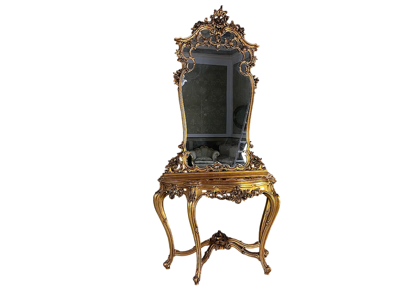 Louis XV style gilded wood console table and mirror, 19th century 4