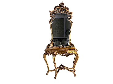 Louis XV style gilded wood console table and mirror, 19th century