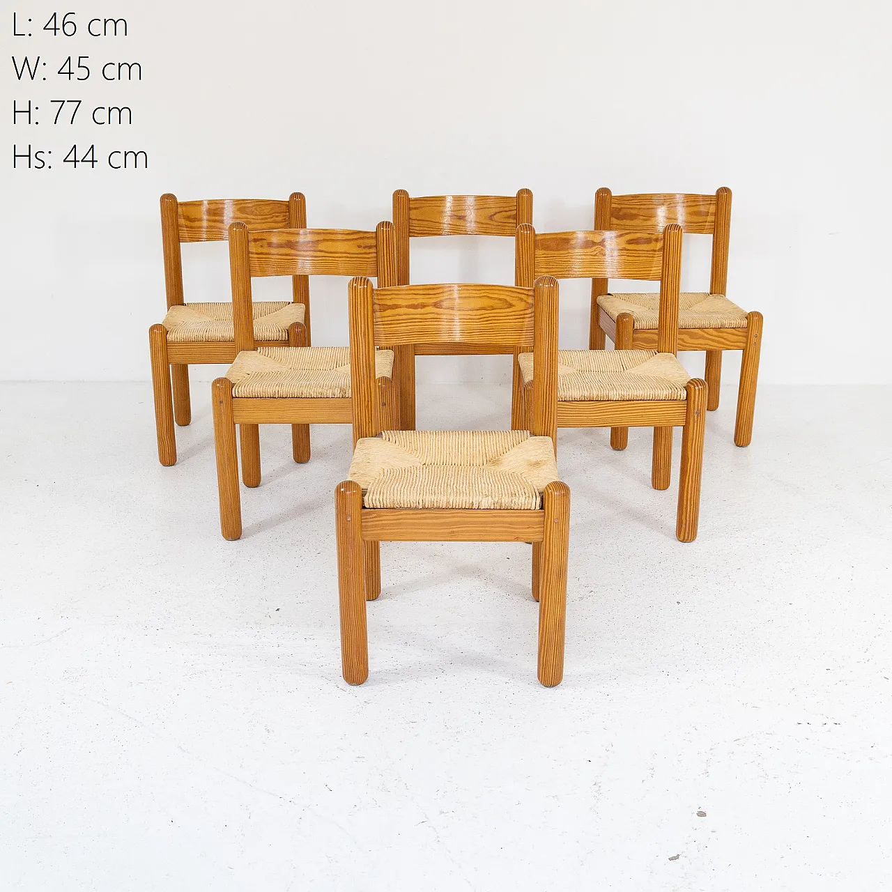 6 Larch wood chairs and woven straw, 1970s 5
