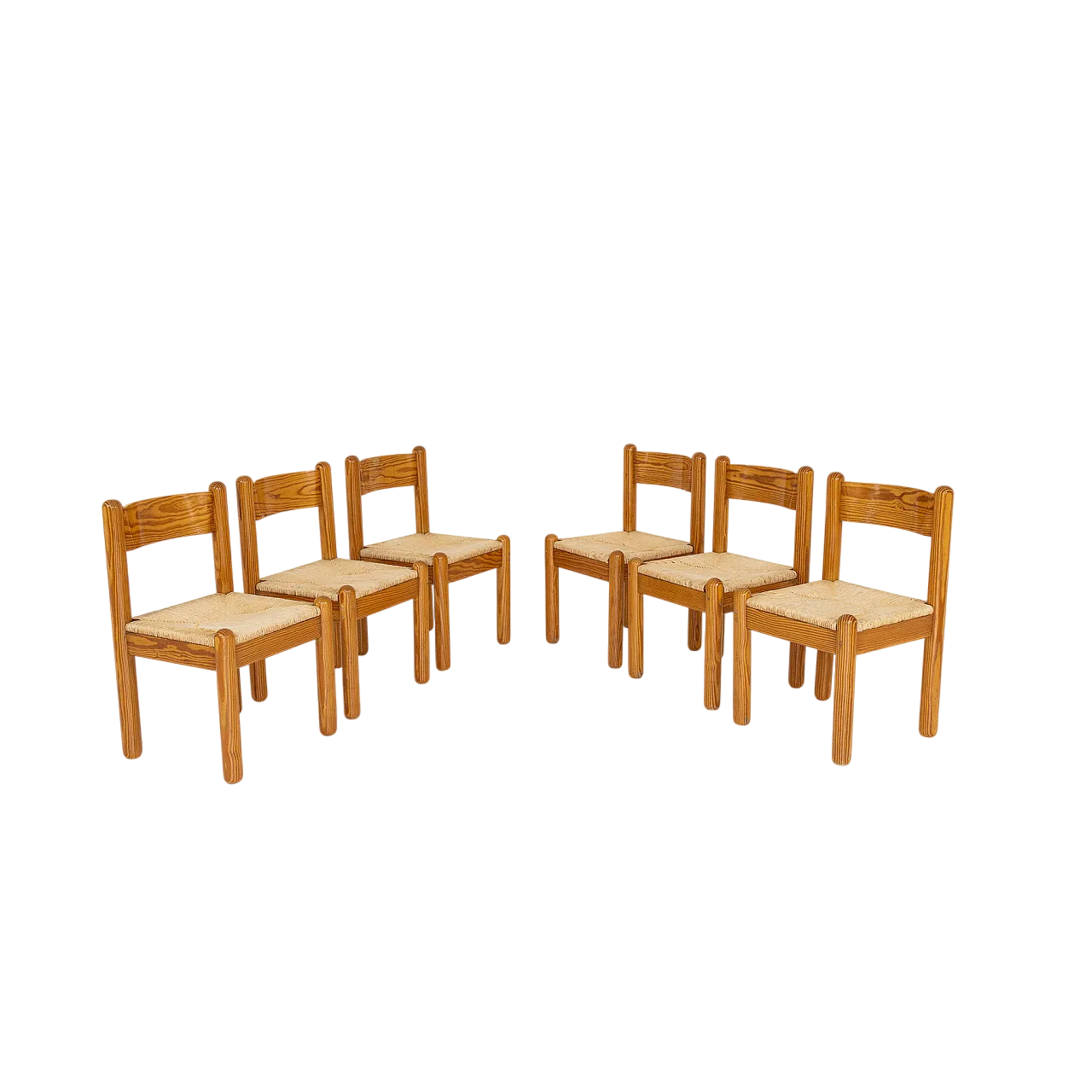 6 Larch wood chairs and woven straw, 1970s 9