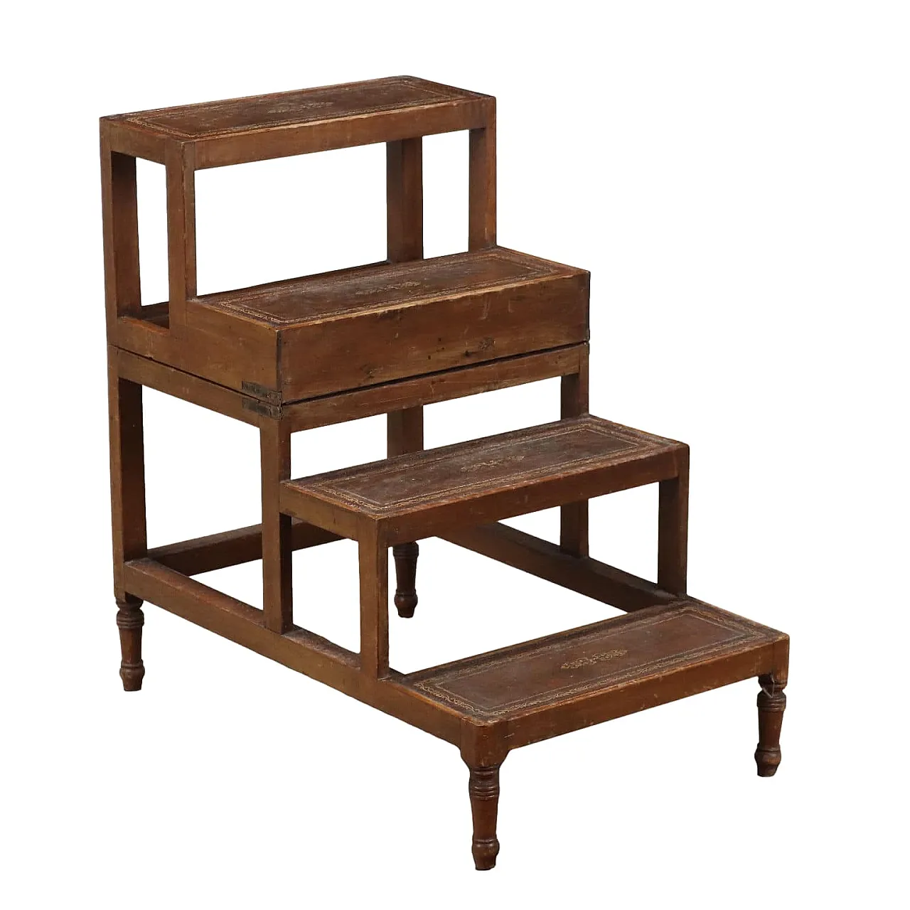 Scaletta Vittoriana da Biblioteca richiudibile in mogano e pelle, '800 1