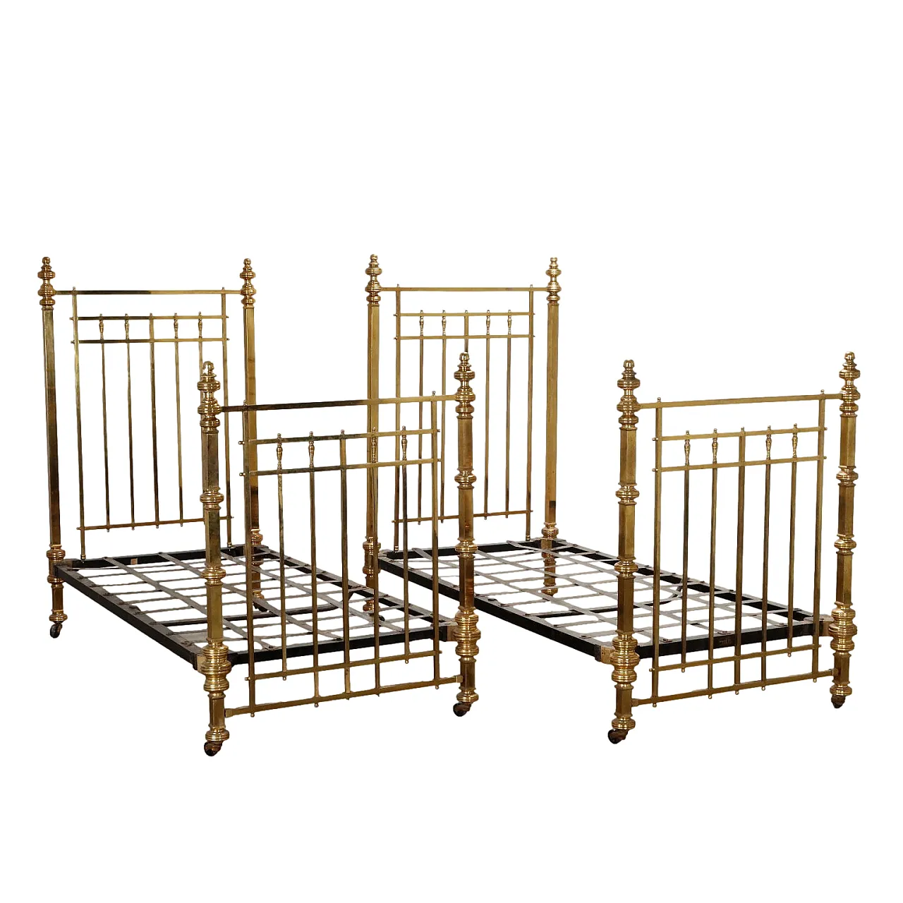 Coppia di letti in ferro, ottone e acero, '800 1