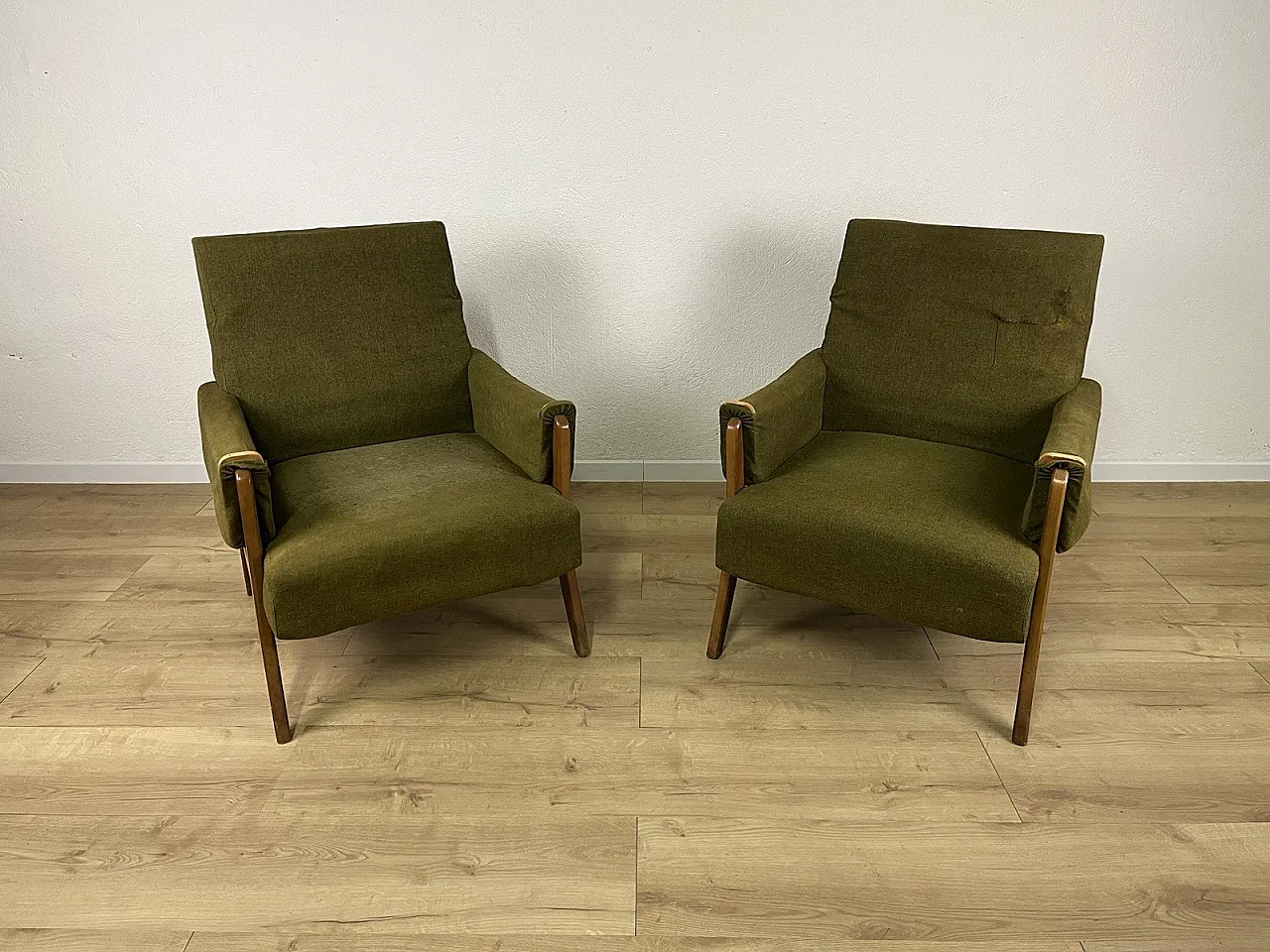 Pair of wooden armchairs with green fabric upholstery, 1960s 1