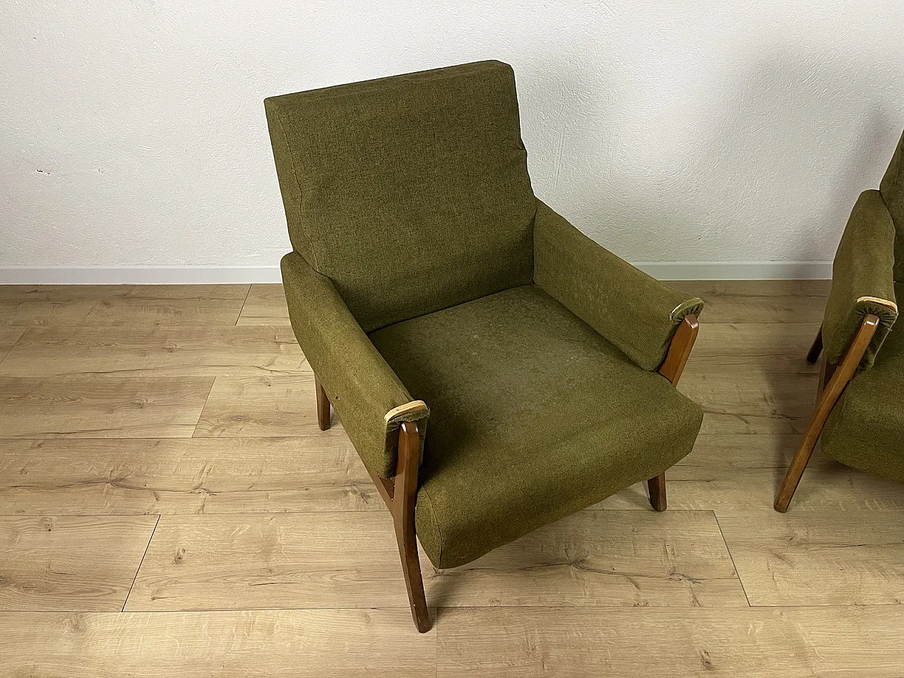 Pair of wooden armchairs with green fabric upholstery, 1960s 2