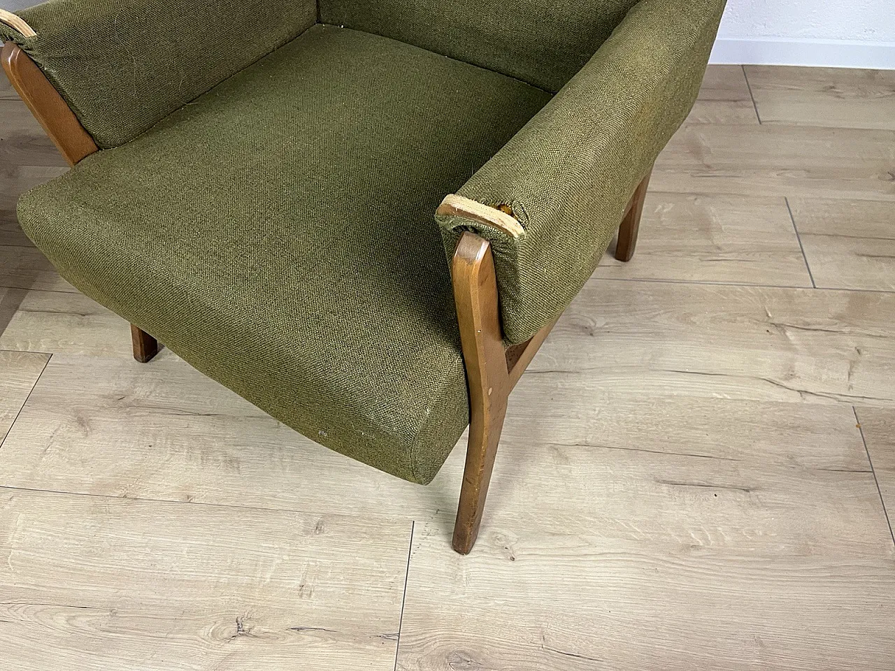 Pair of wooden armchairs with green fabric upholstery, 1960s 4