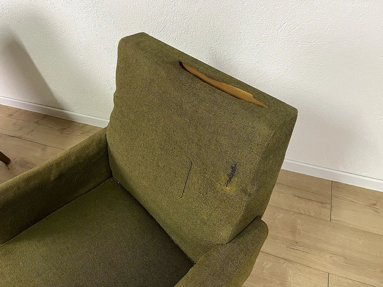 Pair of wooden armchairs with green fabric upholstery, 1960s 6