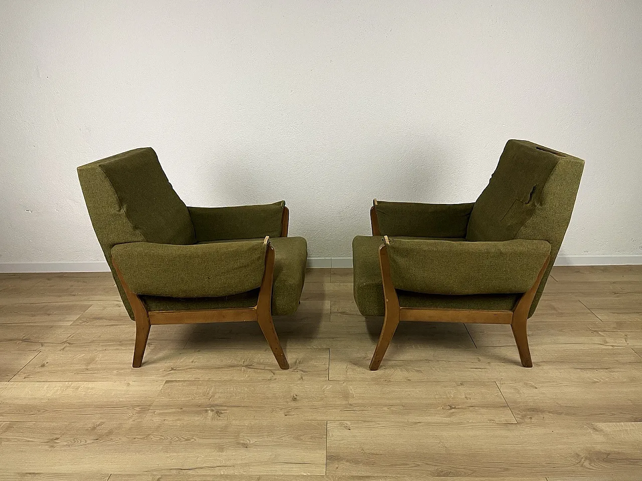 Pair of wooden armchairs with green fabric upholstery, 1960s 7
