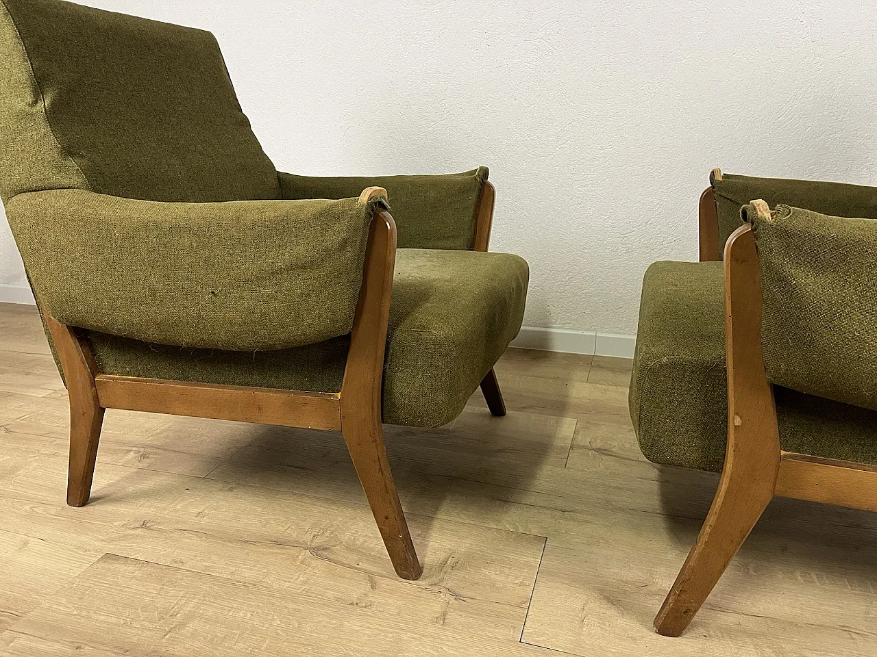 Pair of wooden armchairs with green fabric upholstery, 1960s 10