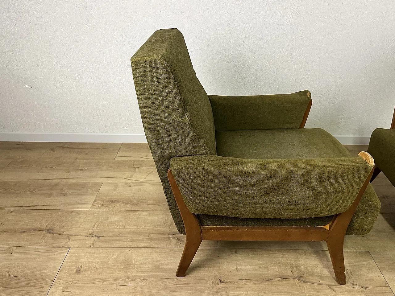 Pair of wooden armchairs with green fabric upholstery, 1960s 11