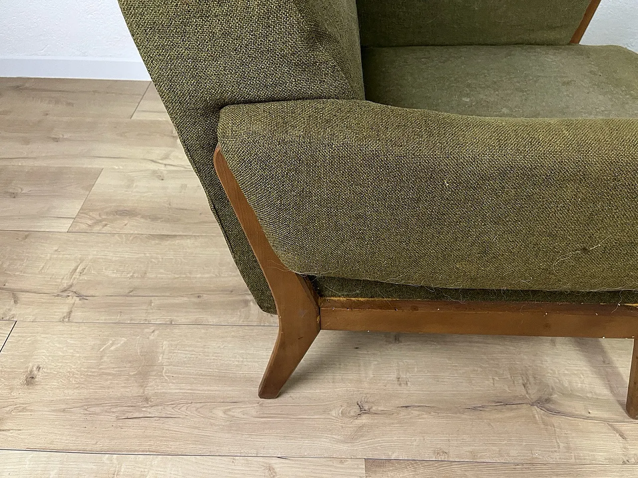 Pair of wooden armchairs with green fabric upholstery, 1960s 12