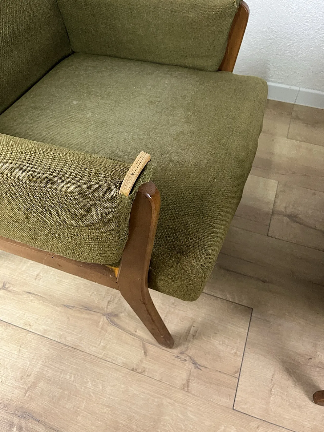 Pair of wooden armchairs with green fabric upholstery, 1960s 13