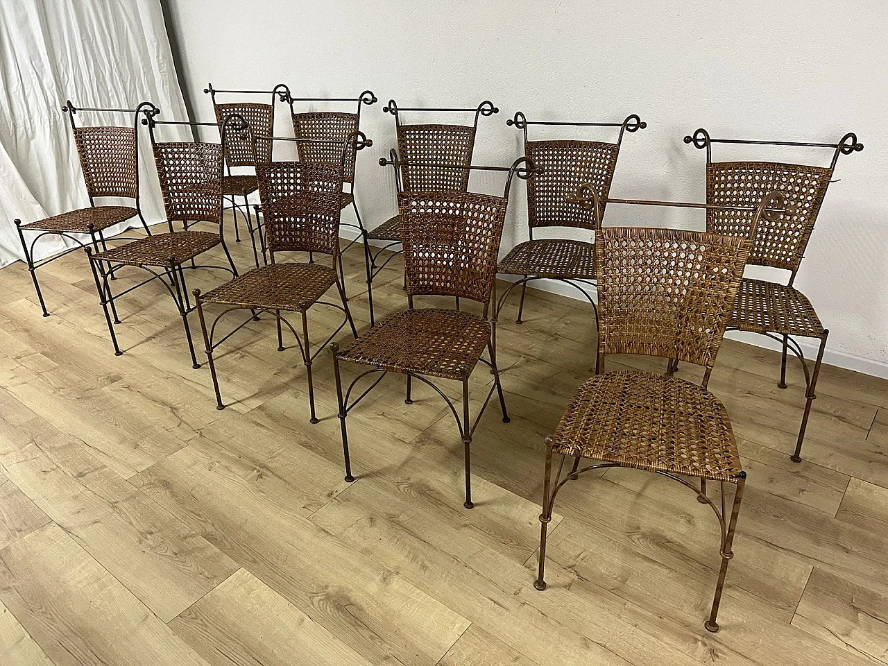 10 bent iron and wicker chairs, 1970s 2