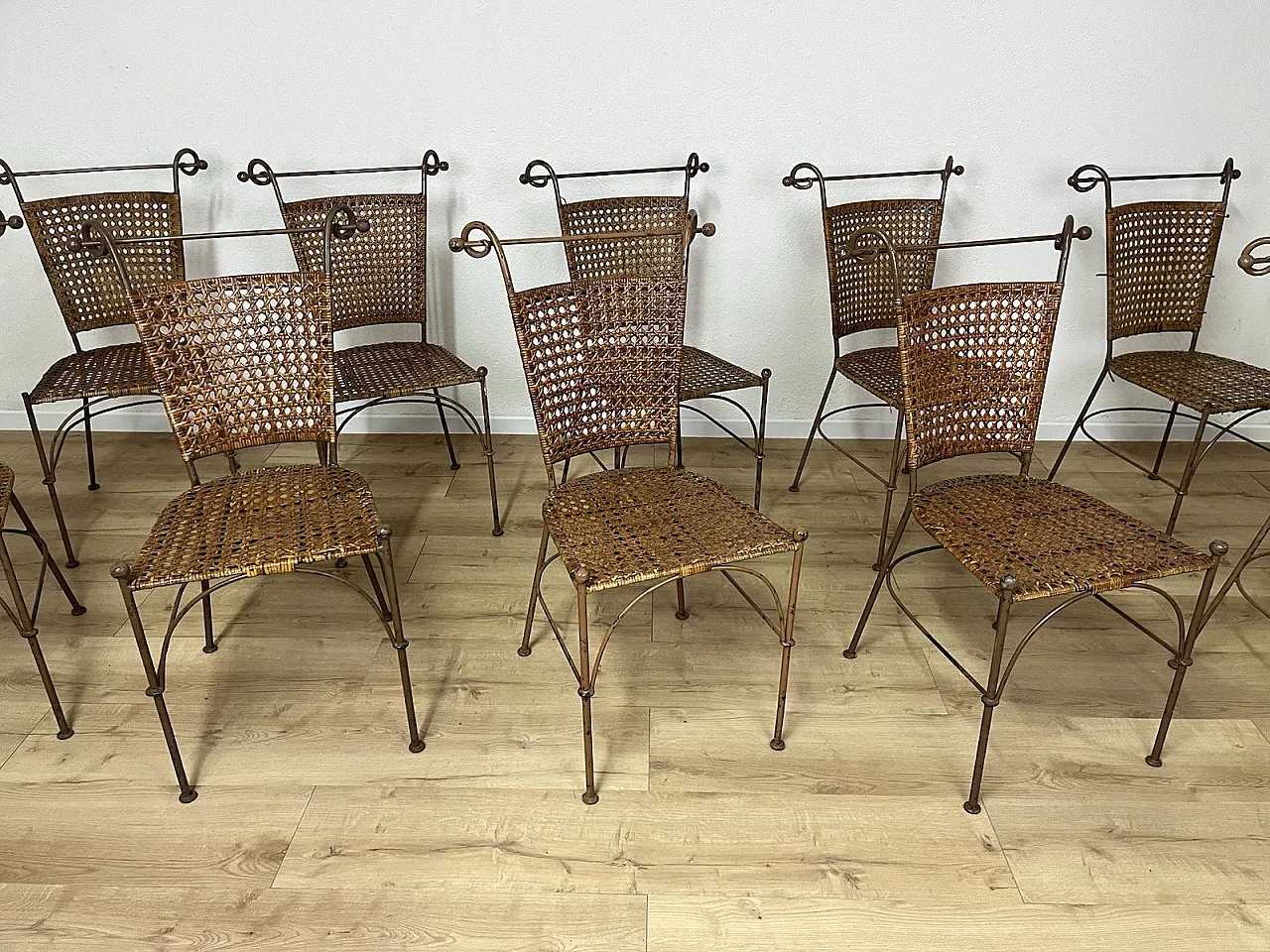 10 bent iron and wicker chairs, 1970s 8