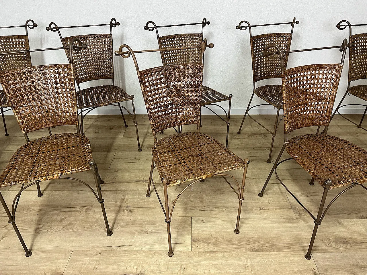 10 bent iron and wicker chairs, 1970s 9