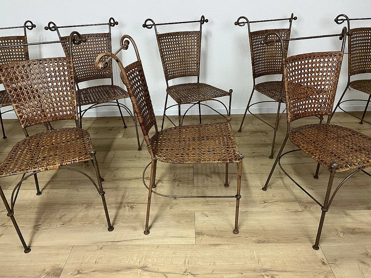 10 bent iron and wicker chairs, 1970s 12