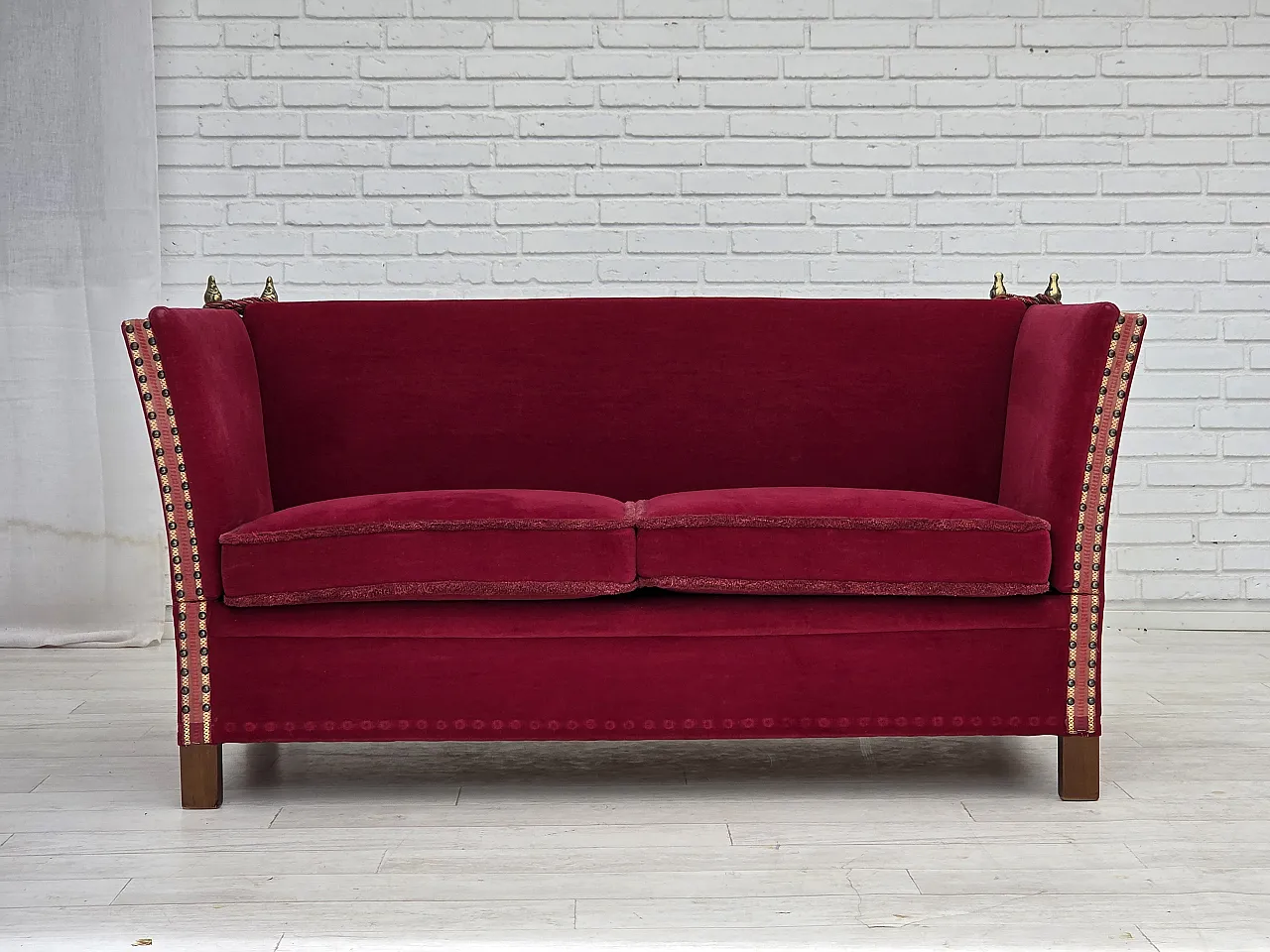 Danish 2-seater Spanish drop arm sofa, furniture velour, 1970s 1