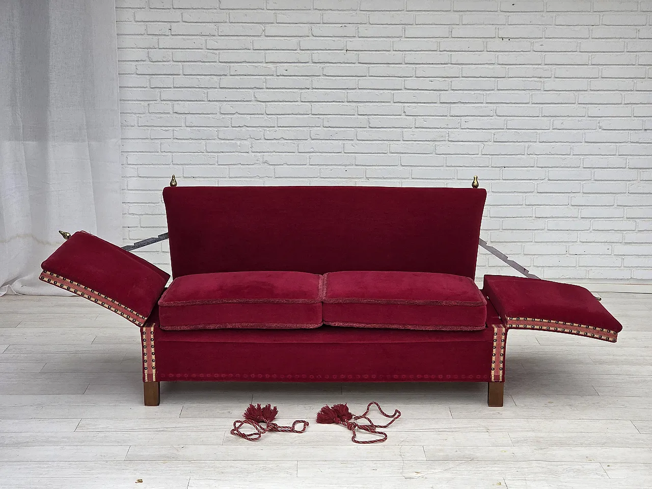 Danish 2-seater Spanish drop arm sofa, furniture velour, 1970s 2