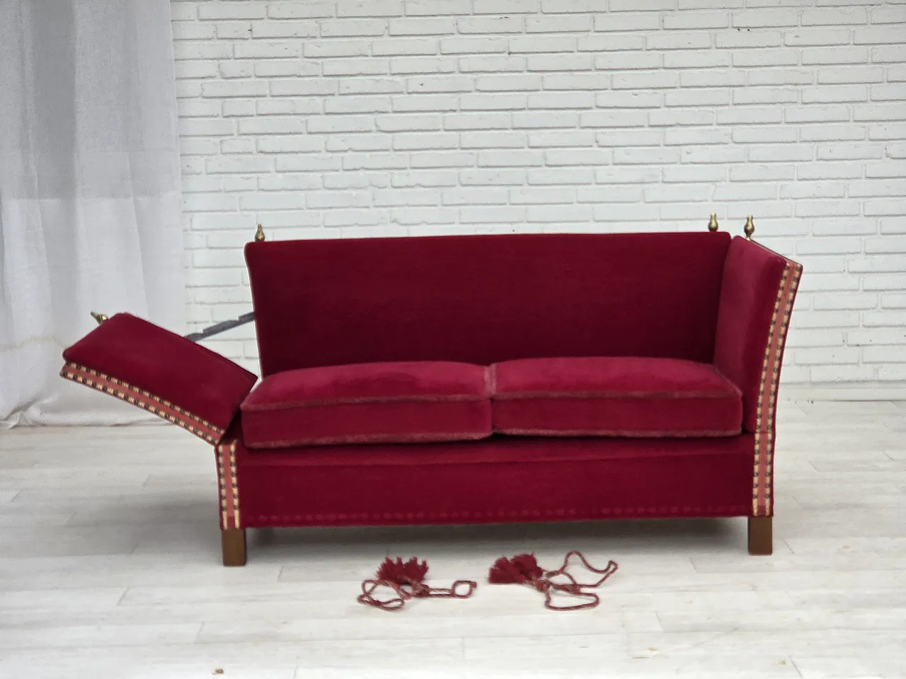 Danish 2-seater Spanish drop arm sofa, furniture velour, 1970s 3