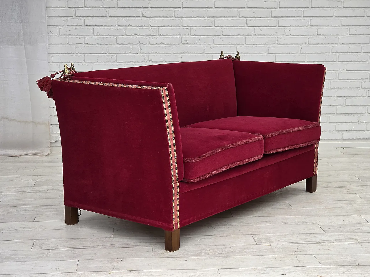 Danish 2-seater Spanish drop arm sofa, furniture velour, 1970s 7