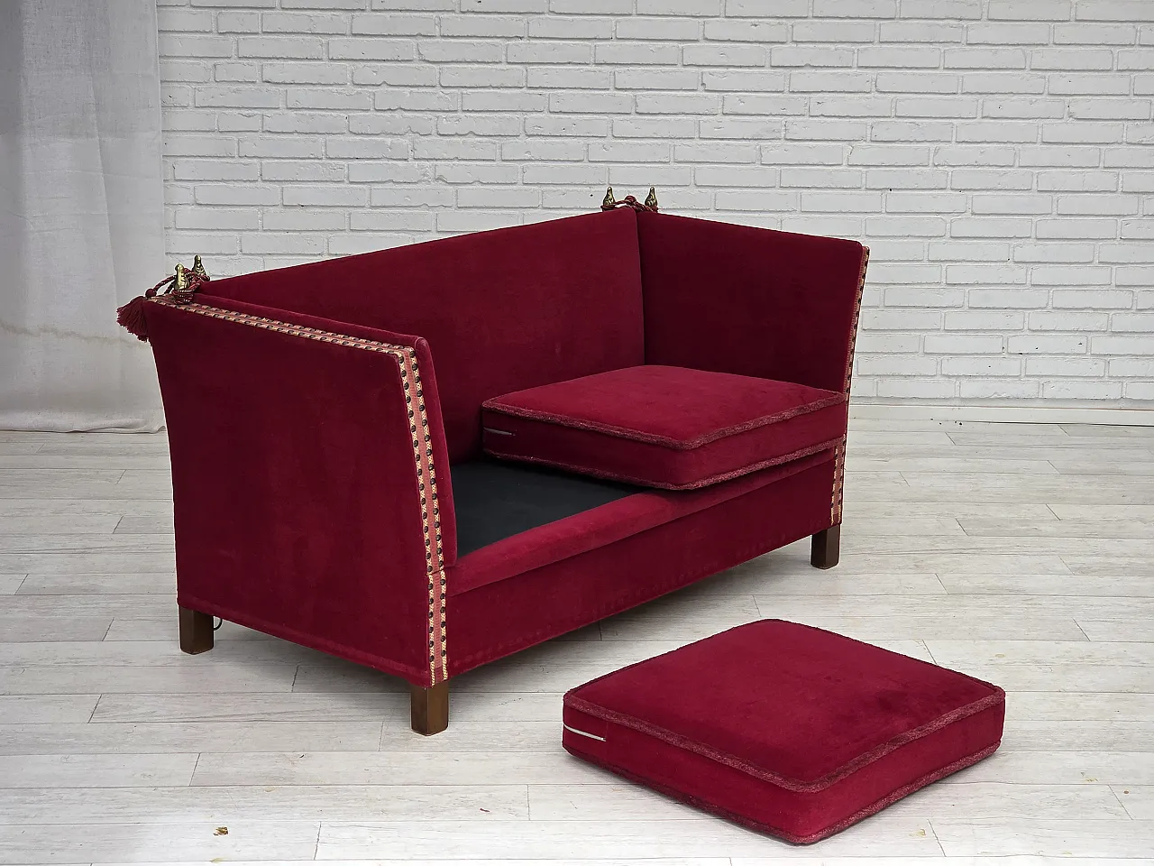 Danish 2-seater Spanish drop arm sofa, furniture velour, 1970s 11