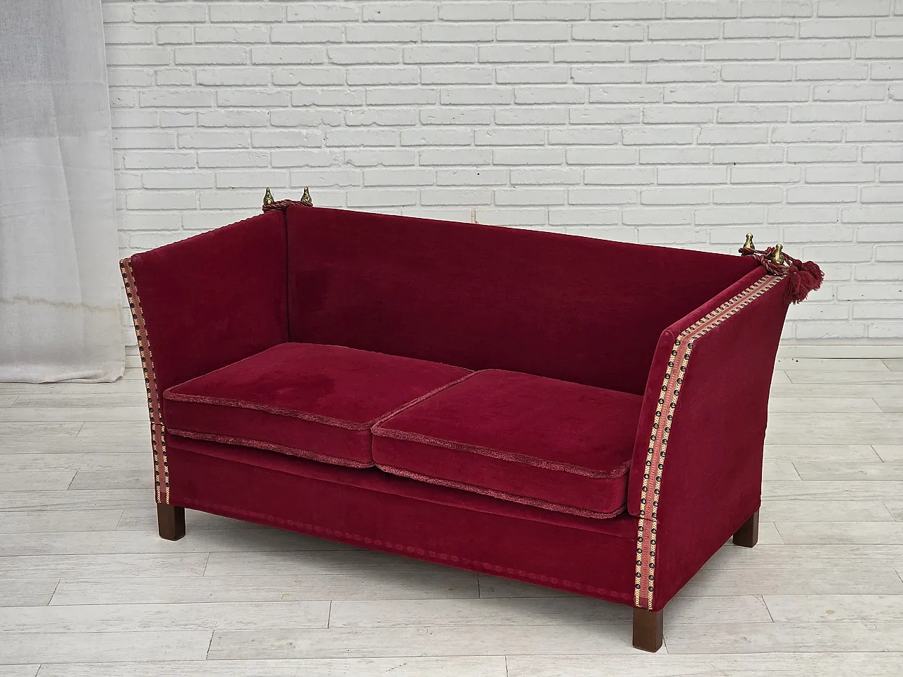 Danish 2-seater Spanish drop arm sofa, furniture velour, 1970s 18