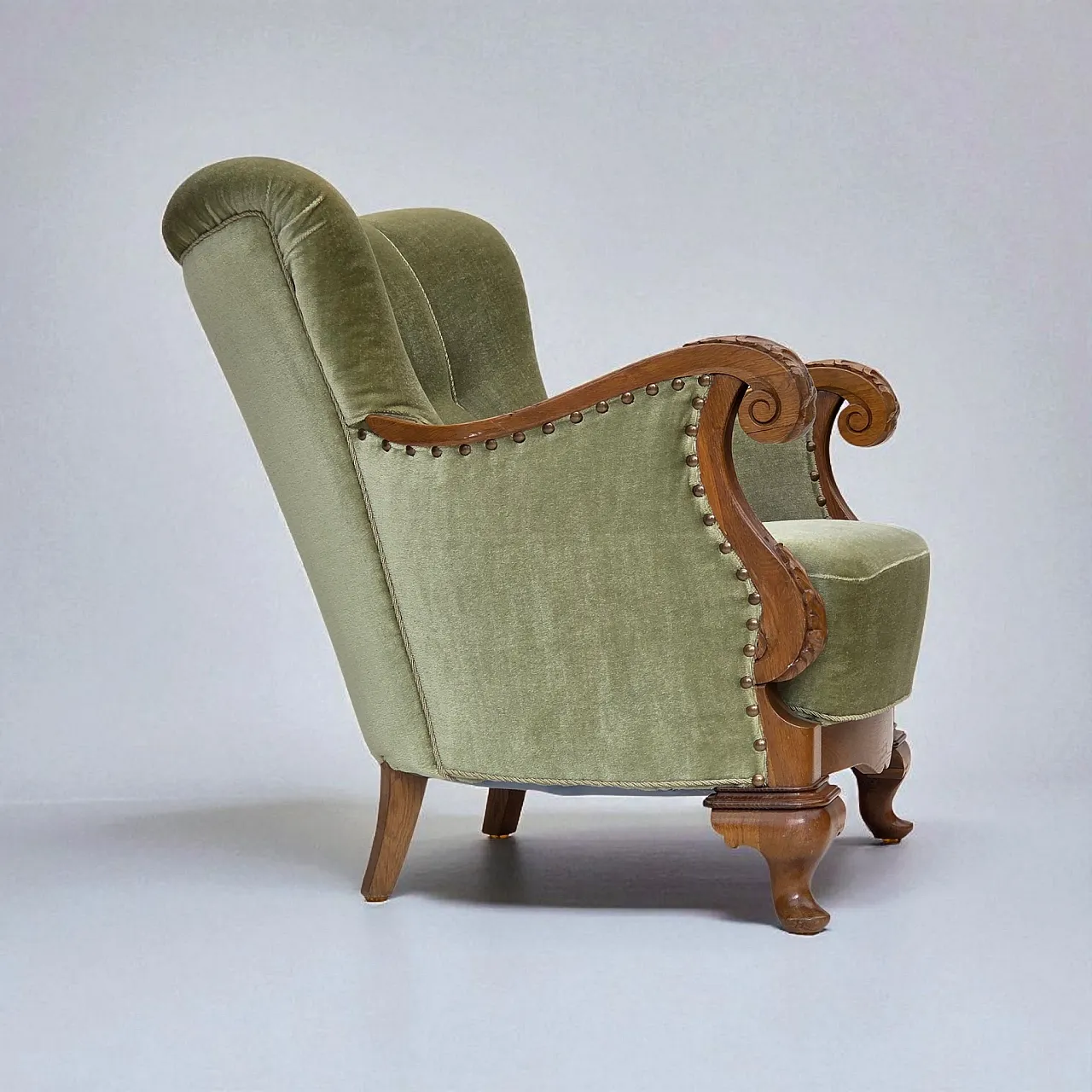 Danish armchair, green furniture velour, carved oak wood, 1960s 1