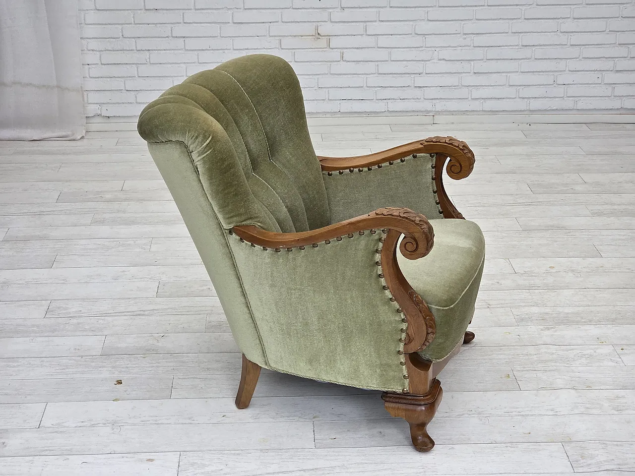 Danish armchair, green furniture velour, carved oak wood, 1960s 2