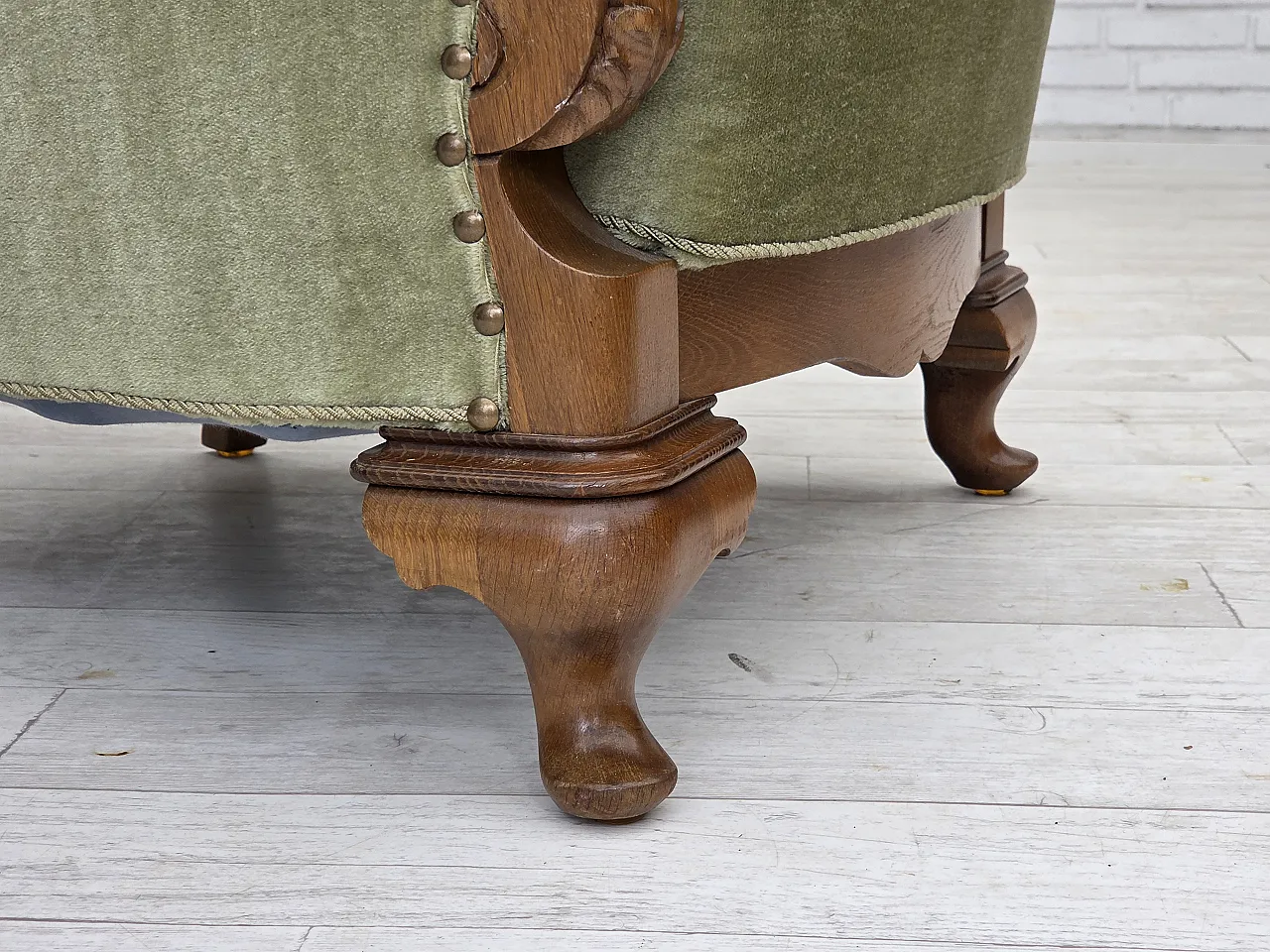 Danish armchair, green furniture velour, carved oak wood, 1960s 3