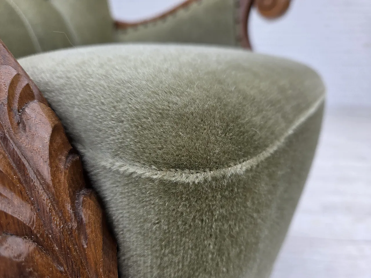 Danish armchair, green furniture velour, carved oak wood, 1960s 5