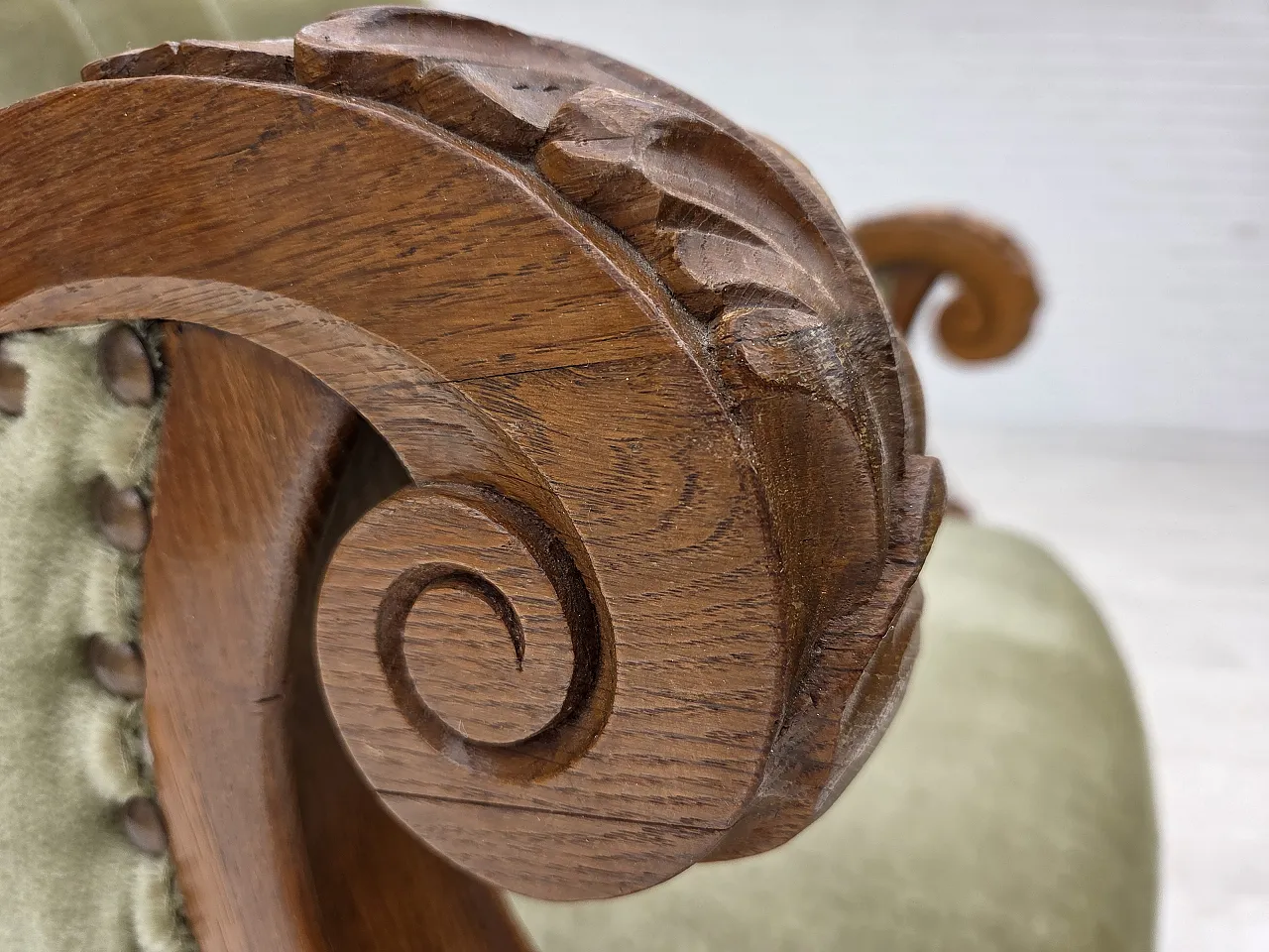 Danish armchair, green furniture velour, carved oak wood, 1960s 6