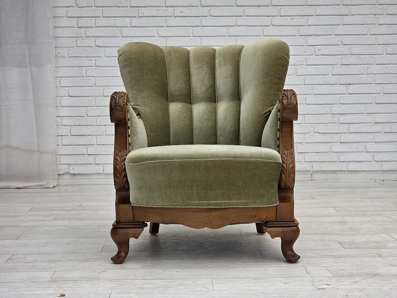 Danish armchair, green furniture velour, carved oak wood, 1960s 7