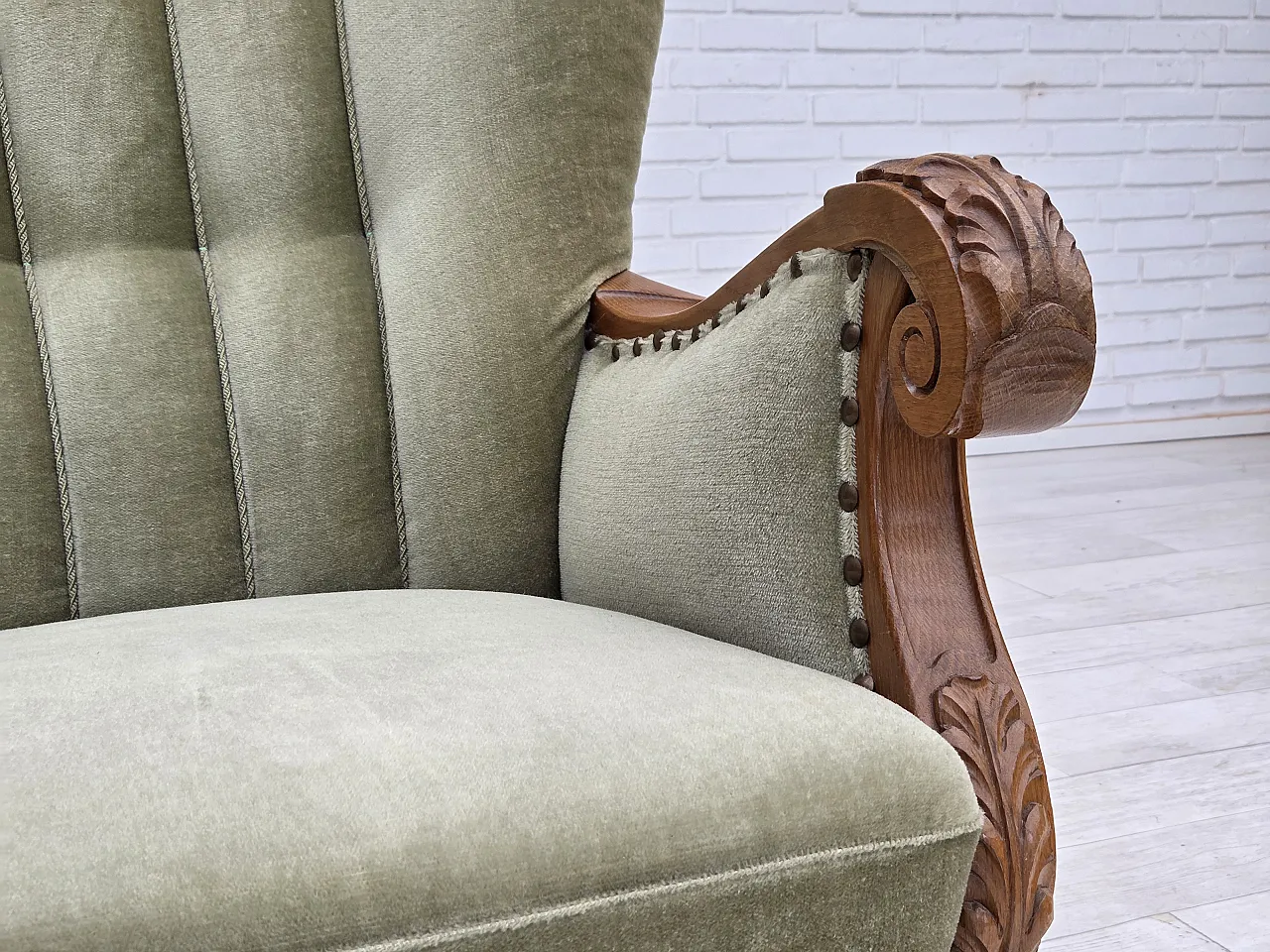 Danish armchair, green furniture velour, carved oak wood, 1960s 8