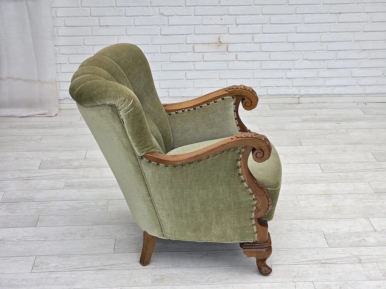 Danish armchair, green furniture velour, carved oak wood, 1960s 9